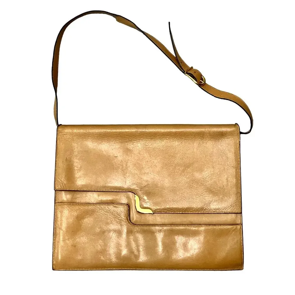 Vintage 70s Camel Leather Shoulder Bag w/ Brass Detail & Flap Closure